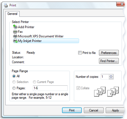 Picture of the Print dialog box in WordPad